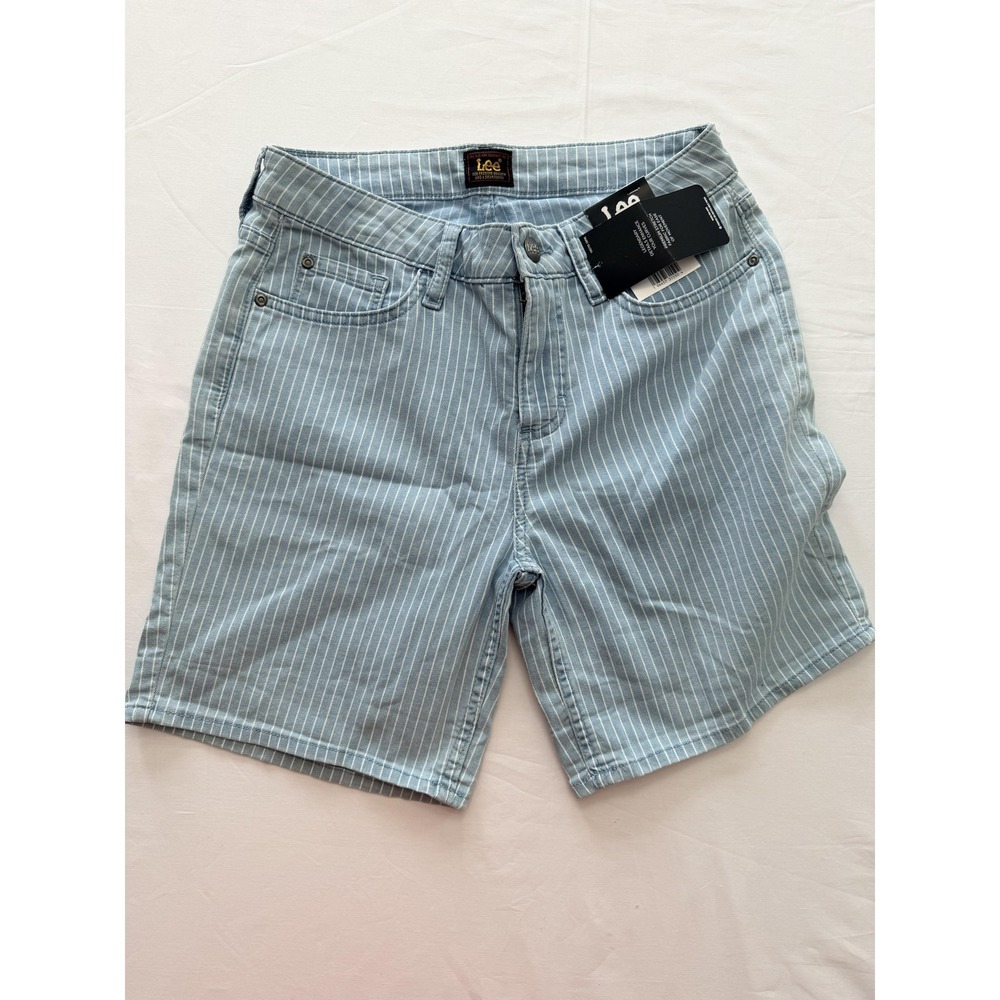 Lee Shorts Womens 6 Blue‎ Light Stripe Mid Rise Denim Bermuda Stretch Casual